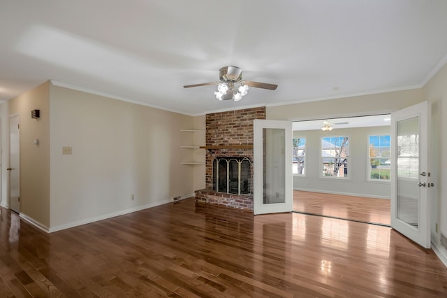 unfurnished living room featuring french doors, ceiling fan, ornamental molding, and hardwood / wood-style floors