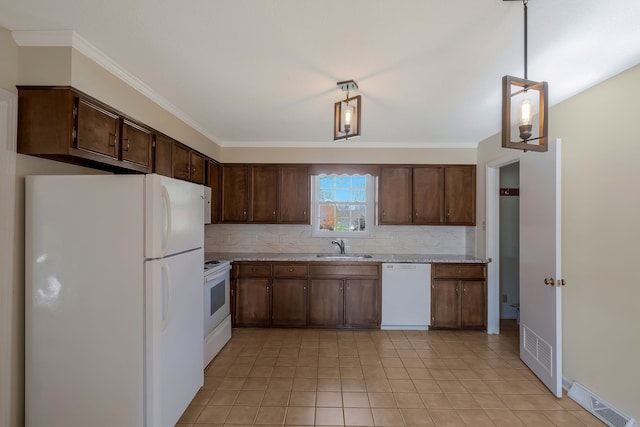 kitchen featuring pendant lighting, white appliances, backsplash, crown molding, and sink