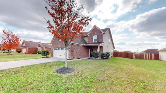 view of front of home with a garage and a front lawn