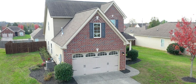 view of home's exterior with a lawn, central air condition unit, and a garage