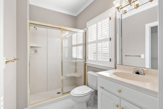 bathroom featuring tile patterned floors, an enclosed shower, toilet, vanity, and ornamental molding