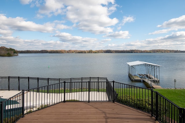 deck featuring a boat dock and a water view