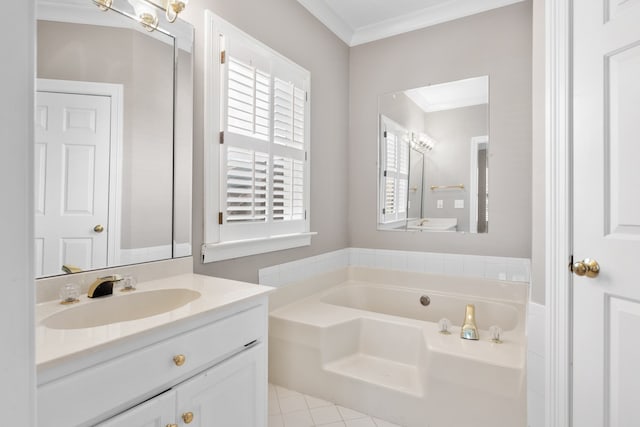 bathroom featuring a washtub, vanity, and crown molding