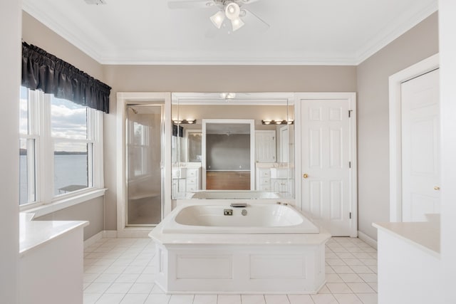 bathroom with tile patterned floors, ceiling fan, crown molding, and plus walk in shower