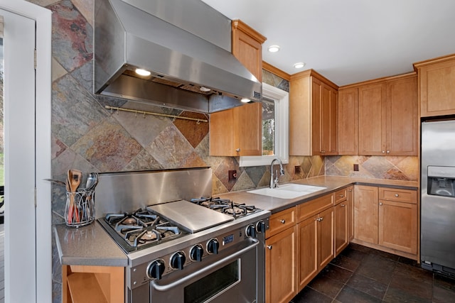 kitchen featuring backsplash, sink, wall chimney exhaust hood, and stainless steel appliances