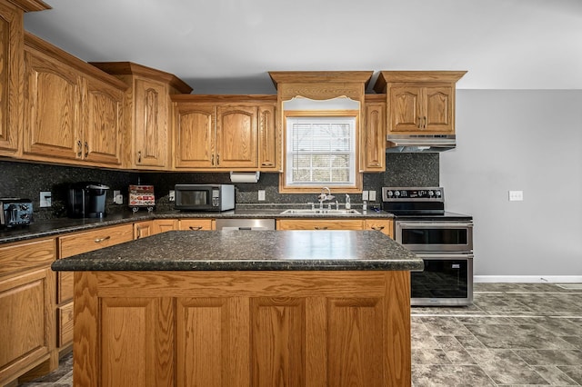 kitchen featuring double oven range, a kitchen island, and sink