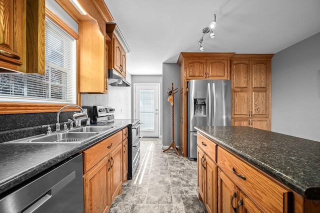 kitchen with a wealth of natural light, appliances with stainless steel finishes, sink, and track lighting