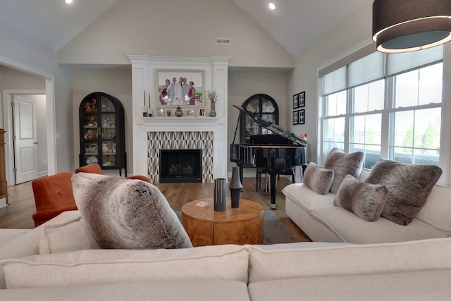 living room featuring wood-type flooring and high vaulted ceiling