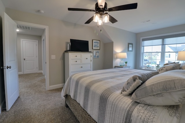 bedroom with light colored carpet and ceiling fan