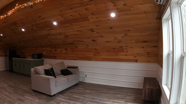 interior space with wood walls, sink, and dark hardwood / wood-style floors