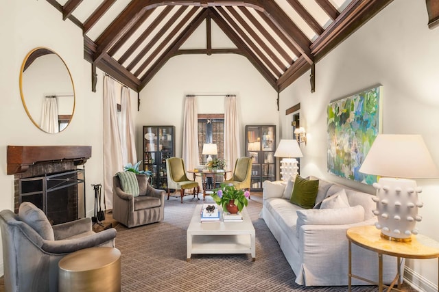 living room featuring dark colored carpet and high vaulted ceiling