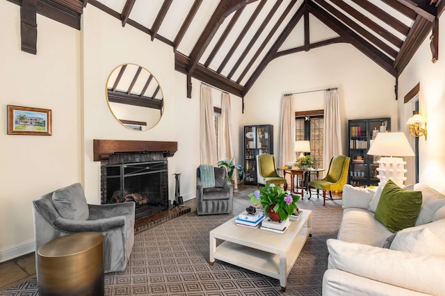 living room featuring beamed ceiling, a fireplace, and high vaulted ceiling