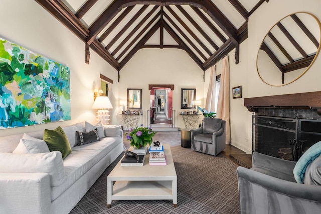 living room with high vaulted ceiling