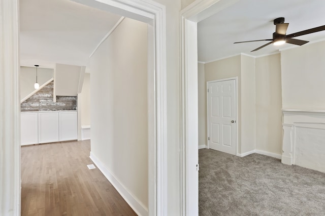 hallway with carpet floors and crown molding