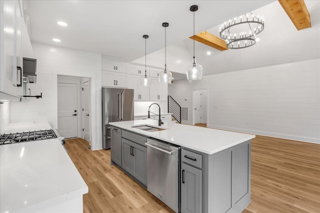 kitchen with white cabinetry, beamed ceiling, pendant lighting, a center island with sink, and appliances with stainless steel finishes