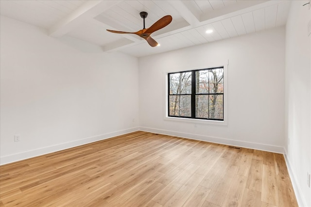 empty room with ceiling fan, beamed ceiling, wooden ceiling, and light wood-type flooring