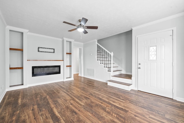 unfurnished living room featuring dark hardwood / wood-style flooring, ceiling fan, and ornamental molding