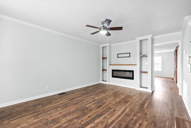 unfurnished living room featuring ornamental molding, ceiling fan, and dark wood-type flooring