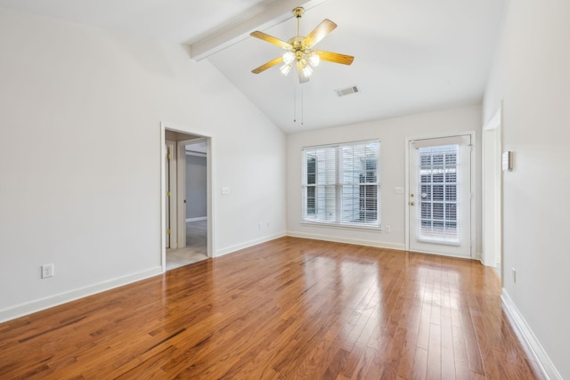 spare room featuring beam ceiling, high vaulted ceiling, ceiling fan, and hardwood / wood-style floors