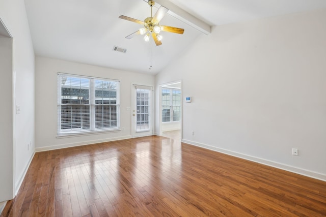 unfurnished room featuring hardwood / wood-style floors, ceiling fan, beam ceiling, and high vaulted ceiling