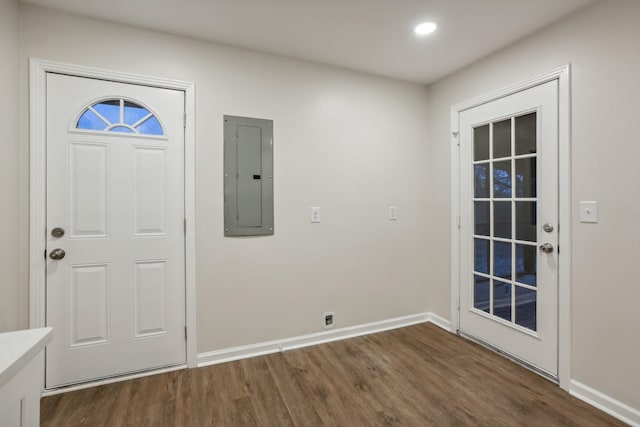 entryway with electric panel and dark wood-type flooring