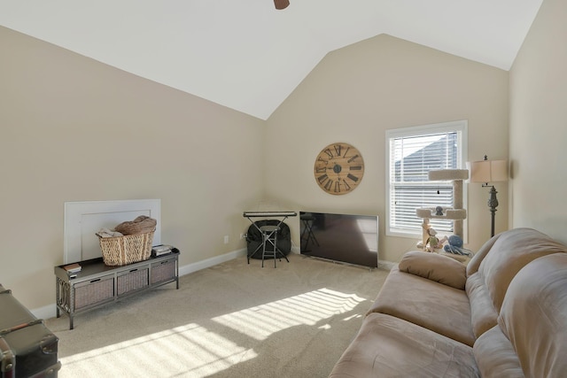 carpeted living room featuring high vaulted ceiling