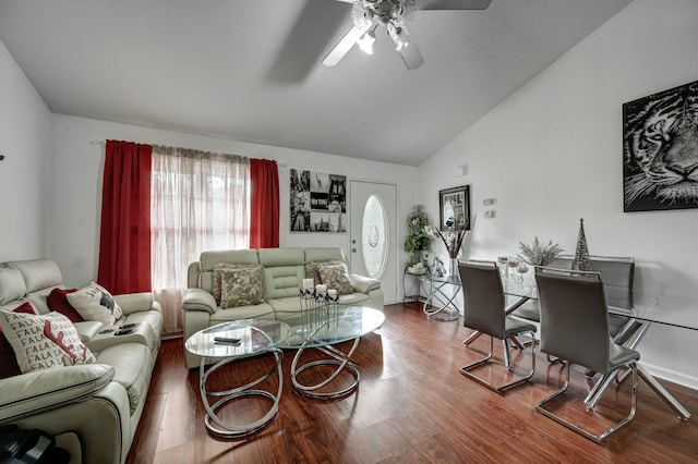 living room with hardwood / wood-style flooring, ceiling fan, and lofted ceiling