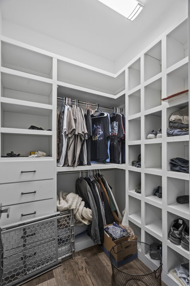 walk in closet featuring dark wood-type flooring