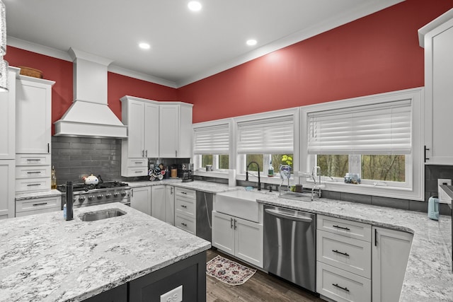 kitchen featuring dishwasher, premium range hood, sink, white cabinetry, and tasteful backsplash