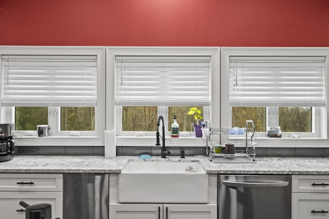 kitchen featuring sink, white cabinets, dishwasher, and plenty of natural light