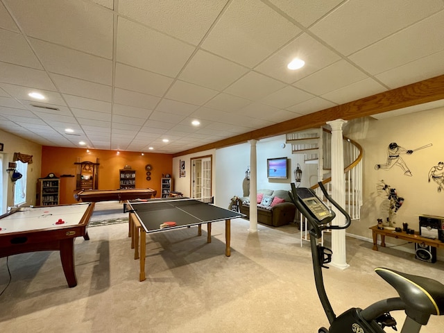 recreation room with a drop ceiling, light colored carpet, and pool table