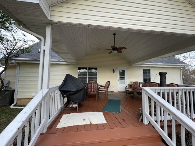 deck featuring ceiling fan and central AC unit