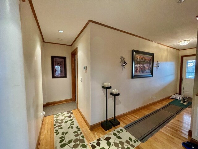 workout room featuring crown molding and light hardwood / wood-style flooring