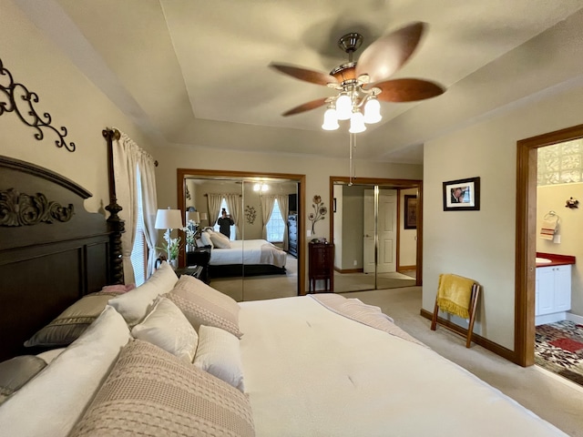 carpeted bedroom featuring ceiling fan