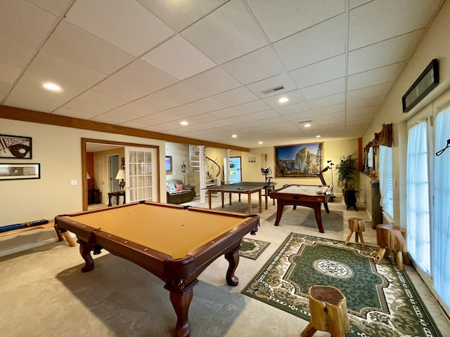 rec room featuring carpet flooring, a drop ceiling, a wealth of natural light, and billiards