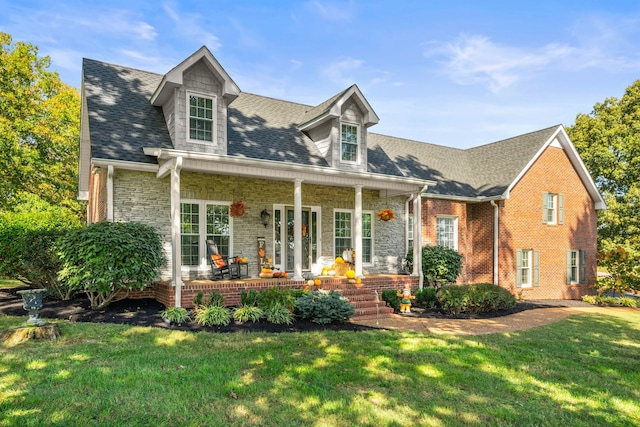 new england style home with a porch and a front lawn