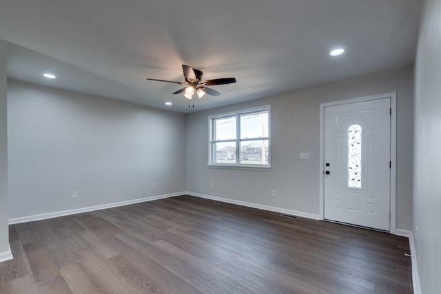 entrance foyer featuring ceiling fan and dark hardwood / wood-style flooring