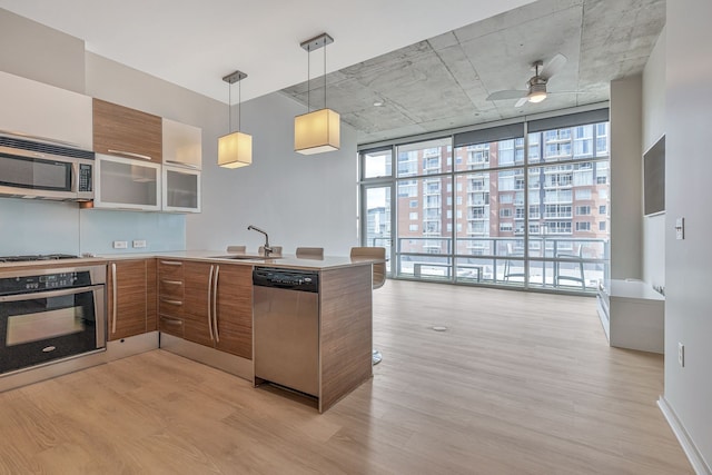 kitchen featuring floor to ceiling windows, sink, light wood-type flooring, and stainless steel appliances