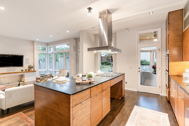 kitchen featuring island range hood, plenty of natural light, dark wood-type flooring, and stainless steel gas stovetop