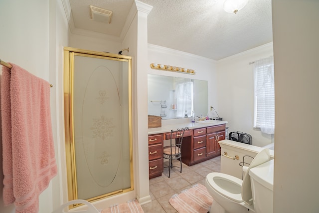 bathroom with walk in shower, plenty of natural light, and crown molding