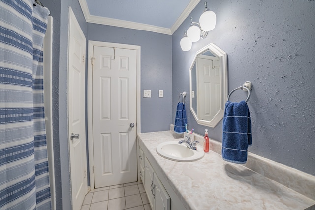 bathroom with tile patterned flooring, vanity, a shower with shower curtain, and ornamental molding