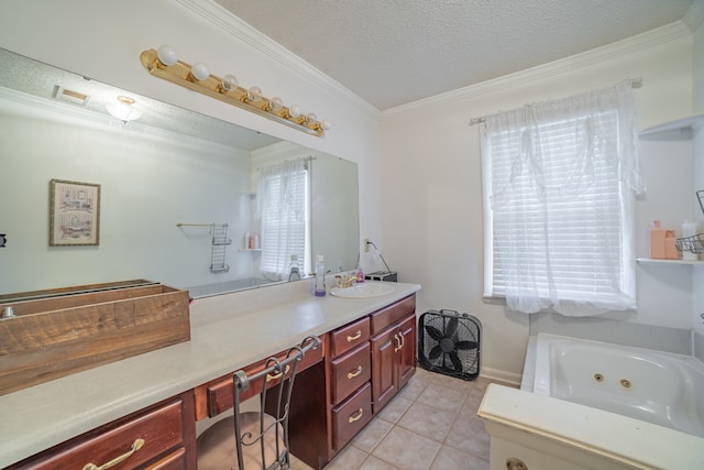 bathroom with tile patterned floors, a textured ceiling, a bathtub, vanity, and ornamental molding