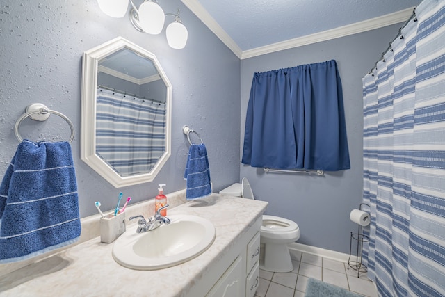 bathroom featuring tile patterned floors, vanity, toilet, and ornamental molding