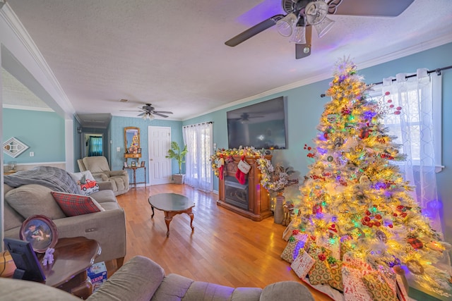 living room with crown molding, light hardwood / wood-style floors, and a textured ceiling