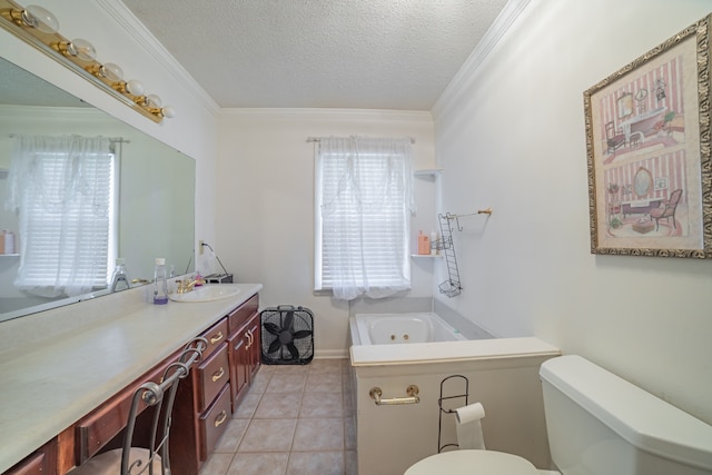 bathroom featuring tile patterned floors, a textured ceiling, vanity, crown molding, and toilet