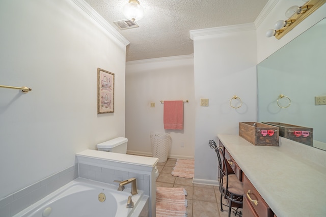 bathroom with tile patterned floors, a bathtub, a textured ceiling, vanity, and crown molding