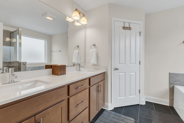 bathroom featuring tile patterned floors, vanity, and independent shower and bath