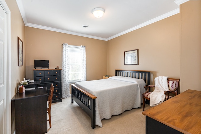 carpeted bedroom featuring crown molding