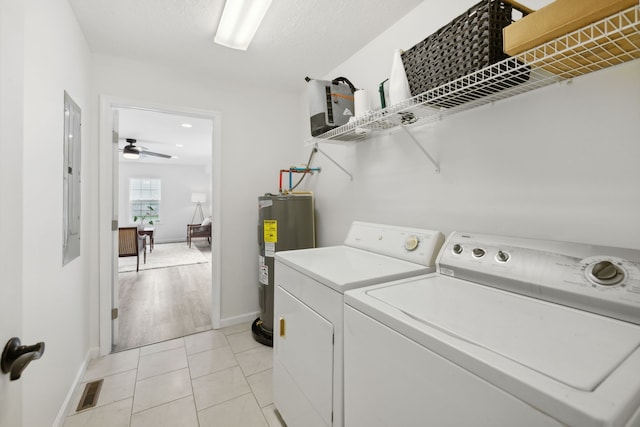 laundry area featuring electric water heater, electric panel, ceiling fan, independent washer and dryer, and light tile patterned floors