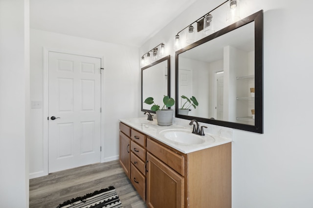 bathroom with wood-type flooring and vanity